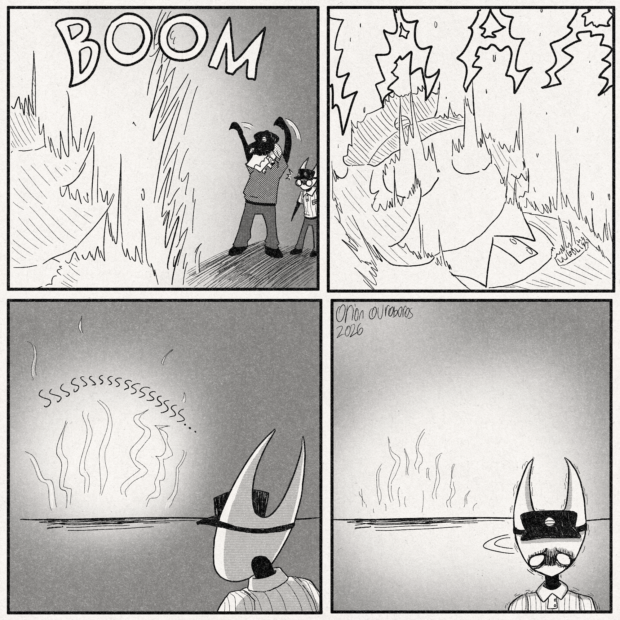 p1: The muckroach raises his hands, summoning a beam of light from the sky to strike down Lugoli. Hornet is shocked by this display of divine power.
p2: Lugoli is screaming as every atom of their body is dragged towards the heavens individually.
p3: Lugoli and the health inspector are both gone, with nothing but smoke being left in Lugoli's wake.
p4: Hornet turns towards the camera, traumatized.