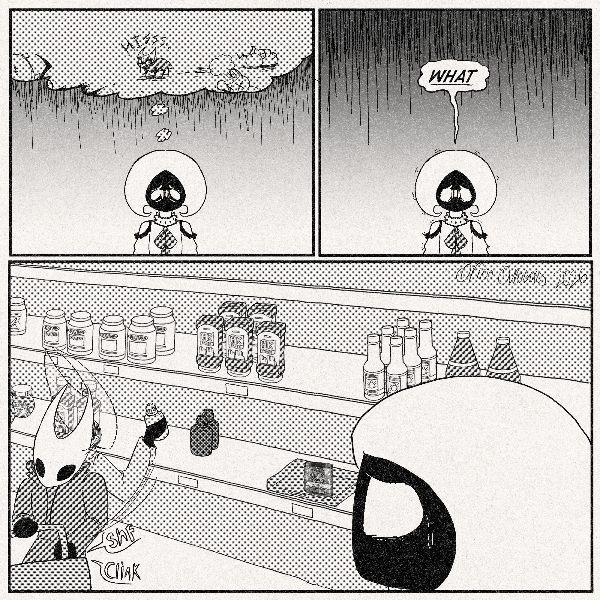 p1: Lace visualizes a baby Hornet hissing after violently mauling and killing other bugs in a restaurant. This visualization is clearly distressing her.
p2: Lace, shaking violently: 'WHAT'
p3: Hornet beings grabbing more of this Evil Red Sauce off the shelf and putting it into her shopping basket while Lace looks on in abject horror.