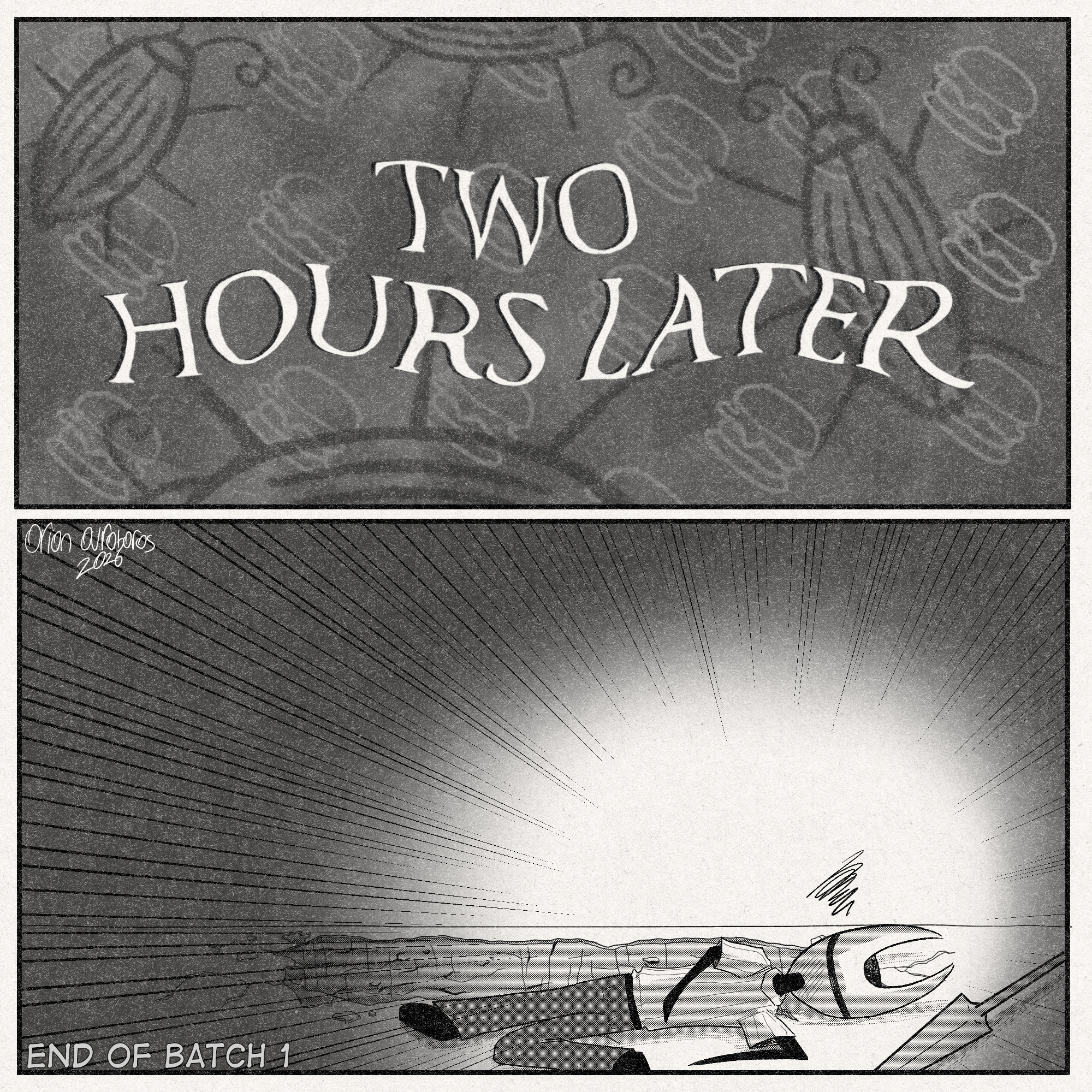 p1: Dramatic, spongebob-card-esque-text reads, 'TWO HOURS LATER'
p2: Hornet got her ass beat and is outside the maw of the pit in the family guy death pose. Her needle is by her side. text in the bottom left reads, 'END OF BATCH 1' </3
