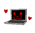 pixel art of a laptop with a black screen and a red dog face on it