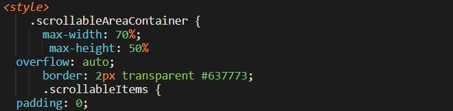 screenshot of neocitie's code editor. it says: <style> .scrollableareacontainer { max-width:70%; max-height:50%; overflow:auto; border: 2px transparent #637773; .scrollableitems { padding:0;