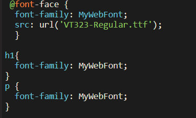 screenshot of neocitie's code editor. it says: @font-face { font-family: MyWebFont; src: url (VT323-Regular.ttf); } h1{ font-family: MyWebFont; } p{ font-family: MyWebFont; } 