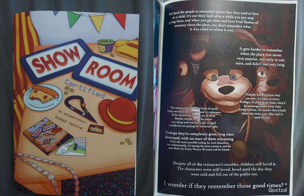 an image with 2 photographs on the left and right side of it. left: photo of the cover of the zine, a table with various pizza time theatre items on it with the logo integrated among these items. right: a photo of my page of the zine.
